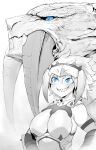  absurd_res armor blue_eyes breasts capcom clothing duo female grin hair headgear headwear hi_res human looking_at_another looking_up mammal monster_hunter niwarhythm scales scalie sharp_teeth smile teeth 