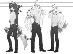  3boys abs animal_ears arknights bara bare_pectorals collared_shirt dog_boy fins fish_boy fish_tail furry furry_male greyscale height_difference highres horns hung_(arknights) ju_neng_binggui lee_(arknights) looking_at_another male_focus monochrome mountain_(arknights) multicolored_hair multiple_boys muscular muscular_male navel nipples pants pectorals scar scar_across_eye scar_on_face shirt shoes short_hair skinny stomach streaked_hair tail tiger_boy tiger_ears toned toned_male tying_hair undressing white_fur white_hair 