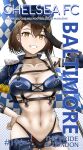  1girl a_port_in_any_storm absurdres adapted_costume arm_up azur_lane baltimore_(azur_lane) baltimore_(finish_line_flagbearer)_(azur_lane) bangs bikini black_bikini black_choker black_gloves blue_bikini blue_headwear blue_jacket blue_shorts blue_sleeves breasts brown_hair chelsea_fc chest_harness choker cleavage collarbone commentary cover cowboy_shot cropped_jacket detached_sleeves fake_magazine_cover flag gloves grin hair_between_eyes halftone halftone_background harness hat highleg highleg_bikini highres jacket large_breasts looking_at_viewer magazine_cover medal micro_shorts mismatched_bikini navel nike official_alternate_costume pole race_queen salute short_hair shorts sidelocks single_bare_shoulder single_detached_sleeve single_glove skindentation smile solo standing stomach swimsuit teeth twitter_username uefa_champions_league underboob underbust white_background yellow_eyes 