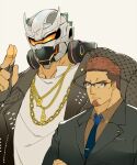  2boys bara blue_necktie character_request facial_hair formal glasses goatee gold_necklace grey_suit headphones headphones_around_neck height_difference hinokumo_f jacket jewelry live_a_hero male_focus mask mature_male mole mole_under_eye multiple_boys muscular muscular_male necklace necktie open_clothes open_jacket salute short_hair suit two-finger_salute upper_body 