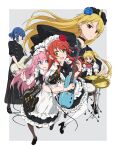  5girls apron band-maid bass_guitar black_choker blonde_hair blue_hair bocchi_the_rock! bow chinese_clothes choker cosplay dress drum drum_set earrings flower frills gotou_hitori guitar hair_flower hair_ornament highres ijichi_nijika ijichi_seika instrument jewelry kita_ikuyo maid maid_apron maid_headdress multiple_girls music pink_hair playing_instrument pleated_skirt red_hair sanada_(tony2035176) skirt yamada_ryou 