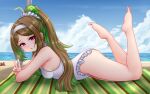  1girl beach blue_sky borrowed_character borrowed_design breasts brown_hair casual_one-piece_swimsuit cloud commission crab day djloops english_commentary frilled_one-piece_swimsuit green_eyes highres long_hair lying multicolored_hair on_stomach one-piece_swimsuit original outdoors ponytail purple_eyes sky small_breasts solo streaked_hair swimsuit v white_one-piece_swimsuit 