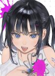  absurdres bangs black_hair blue_eyes chain_necklace earrings eyelashes fangs hair_ornament hairclip heart heart-shaped_pupils highres jewelry mashiro_kta nail_polish necklace off_shoulder original paint parted_hair shirt shoulder_tattoo sidelocks simple_background symbol-shaped_pupils tattoo teeth tongue tongue_out twintails whisk white_background white_shirt 