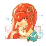  1girl camille-sky closed_mouth colored_skin commentary_request fins fish_girl flower hair_ornament hand_up highres jewelry long_hair looking_at_viewer mipha monster_girl multicolored_skin no_eyebrows petals pointy_ears red_hair red_skin smile solo the_legend_of_zelda the_legend_of_zelda:_breath_of_the_wild two-tone_skin white_background yellow_eyes zora 