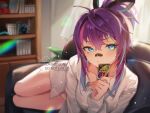  1girl bandaid bandaid_on_face bandaid_on_nose bangs blue_eyes bottomless card collared_shirt couch high_ponytail highres holding holding_card indoors looking_at_viewer lying melody_(projektmelody) newbie_(newbie_132) on_side pink_hair purple_hair shelf shirt solo uno_(game) virtual_youtuber vshojo white_shirt 
