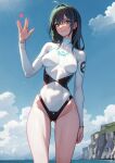  1girl ahoge black_hair blue_sky bodysuit breasts cloud commentary_request covered_navel day green_eyes haje highres korean_commentary long_hair long_sleeves one-piece_swimsuit original outdoors salute sky small_breasts solo swimsuit turtleneck vulcan_salute white_bodysuit white_one-piece_swimsuit white_wetsuit 
