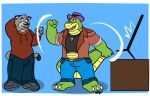  2023 alligator alligatorid anthro biped bottomwear brok_(character) brok_the_investigator clothing crocodilian domestic_cat duo felid feline felis graff_filsh green_body grey_body hat headgear headwear hi_res hoodie male mammal mattsa_64 pants reptile scalie shirt topwear 