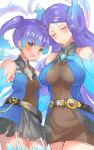  2girls belt blue_fire blue_gloves blue_hair breasts brighid_(xenoblade) brighid_(xenoblade)_(cosplay) chest_cutout chest_jewel closed_eyes cosplay covered_navel elbow_gloves fiery_hair fire garter_straps gloves gradient_hair hair_rings highres holding_hands long_hair loose_belt multicolored_hair multiple_girls official_alternate_costume purple_hair sena_(xenoblade) side_ponytail smile thighhighs unigon_(kitsutsuki) very_long_hair xenoblade_chronicles_(series) xenoblade_chronicles_2 xenoblade_chronicles_3 