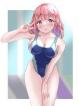  1girl blue_one-piece_swimsuit breasts cleavage collarbone commentary_request competition_swimsuit cowboy_shot large_breasts leaning_forward looking_at_viewer mashinatsu medium_breasts multicolored_clothes multicolored_swimsuit one-piece_swimsuit original pink_hair red_eyes solo swimsuit thigh_gap 