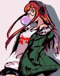  1girl absurdres aunna66 bare_shoulders belt chewing_gum glasses hands_in_pockets headphones highres jacket long_hair non-web_source open_clothes open_jacket orange_hair persona persona_5 sakura_futaba shirt short_shorts shorts simple_background t-shirt 