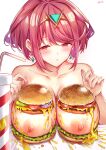  1girl absurdres blush breasts burger cheese collarbone completely_nude cup disposable_cup earrings food food_on_body food_on_breasts highres homura_(homuseka) jewelry large_breasts looking_at_viewer nipples nude parted_lips red_eyes red_hair short_hair solo sxbzero tiara upper_body xenoblade_chronicles_(series) xenoblade_chronicles_2 