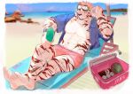  1boy 8da_(29204249) abs absurdres alternate_costume animal_ears arknights bara bare_pectorals barefoot beach blue_eyes bulge collared_shirt expressionless facial_hair feet food fruit full_body furry furry_male goatee goggles goggles_on_head highres holding_ice_cream large_pectorals looking_at_viewer male_focus male_swimwear mountain_(arknights) muscular muscular_male no_nipples ocean open_clothes open_shirt outdoors pectorals red_male_swimwear rock sand scar scar_across_eye scar_on_face shirt short_hair short_sleeves sitting solo stomach swim_briefs tiger_boy tiger_ears watermelon white_fur white_hair 