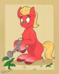 2022 blonde_hair blonde_mane digital_media_(artwork) earth_pony equid equine eyebrows fetlocks fur green_eyes hair hasbro hi_res holding_object hooves horse kaylerustone looking_down male mammal mane mlp_g5 my_little_pony plant pony red_body red_fur red_hooves sitting smile solo sprout_cloverleaf_(mlp) tail water watering_can yellow_tail 