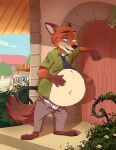  2023 5_fingers anthro barefoot belly big_belly bloated bottomwear canid canine claws clothed clothing disney ears_back fangs feet fingers fox fur hand_on_stomach hypnotic_eyes leaning male mammal navel necktie nick_wilde open_bottomwear open_clothing open_mouth open_pants overweight overweight_anthro overweight_male pants pivoted_ears raised_clothing raised_shirt raised_topwear shirt signature solo standing teeth toe_claws tommysamash tongue topwear underwear zootopia 