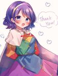  1girl arms_behind_back bangs blue_eyes blue_hair cape english_text heart highres long_sleeves looking_at_viewer moshihimechan multicolored_clothes multicolored_hairband one-hour_drawing_challenge open_mouth short_hair simple_background solo speech_bubble tenkyuu_chimata touhou white_background white_cape 