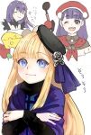  3girls :d bangs black_headwear blonde_hair blue_capelet blue_eyes blue_jacket blush capelet carrot character_request cheese crossed_arms fate_(series) flower food fur_collar grey_flower hair_flower hair_ornament highres jacket long_hair looking_at_viewer lord_el-melloi_ii_case_files multiple_girls red_headwear reines_el-melloi_archisorte satou_usuzuku simple_background smile sparkle teeth translation_request upper_body upper_teeth_only white_background 