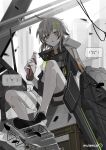  1girl ahoge artist_name bandaid bandaid_on_leg black_footwear bottle commentary_request croque_(girls&#039;_frontline_nc) full_body girls&#039;_frontline girls&#039;_frontline_neural_cloud goggles goggles_around_neck grey_hair grey_jacket hair_ornament hair_over_eyes hairclip highres holding holding_bottle jacket legs looking_at_viewer medium_hair mutenca orange_eyes shield shoes shorts sitting soda_bottle solo spoken_expression 