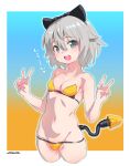 1girl bikini blush border breasts cowboy_shot cropped_legs double_v gradient_background grey_eyes grey_hair hair_between_eyes highres mechanical_ears mechanical_tail mudou_eichi navel open_mouth original short_hair small_breasts smile solo swimsuit tail teeth upper_teeth_only v white_border 