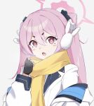  +_+ 1girl black_gloves blue_archive earmuffs fang fingerless_gloves formal gloves grey_background halo highres jacket koyuki_(blue_archive) pink_eyes pink_hair rabbit_earmuffs sanz_zzz scarf short_eyebrows simple_background skin_fang solo suit twintails white_jacket white_suit yellow_scarf 