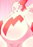  2023 anthro biped blush bodily_fluids cosith digital_media_(artwork) fur generation_3_pokemon hi_res huge_belly looking_down male mammal markings navel nintendo nude open_mouth pokemon pokemon_(species) red_body red_fur red_markings simple_background solo sweat sweatdrop thick_thighs white_body white_fur wide_hips zangoose 