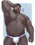  2023 anthro armpit_hair barazoku bear beard belly biceps blue_background body_hair border briefs bulge chest_tuft clothed clothing eyes_closed facial_hair hand_behind_head hi_res male mammal musclegut muscular navel nipples open_mouth pecs simple_background solo standing taki_kaze topless triceps tuft underwear underwear_only waking_up white_border white_briefs white_clothing white_underwear 