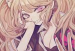  1girl bangs bear_hair_ornament black_choker blonde_hair blue_eyes blush bow breasts choker cleavage danganronpa:_trigger_happy_havoc danganronpa_(series) enoshima_junko grin hair_ornament hand_on_own_cheek hand_on_own_face hands_up highres kara_aren long_hair looking_at_viewer nail_polish shirt smile solo teeth twintails 