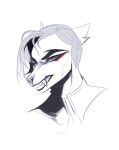  ambiguous_gender anthro bust_portrait canid clothed clothing ears_back fangs glistening glistening_eyes hi_res looking_at_viewer mammal partially_colored pivoted_ears portrait pupils sharp_teeth simple_background slit_pupils solo teeth topwear unknowhiter 