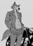  abs absurd_res anthro beastars canid canine canis clothed clothing greyscale hi_res jacket legoshi_(beastars) male mammal monochrome motorcycle muscular muscular_male open_clothing open_jacket open_topwear scar smagma solo topwear vehicle wolf 
