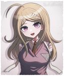  1girl :d ahoge akamatsu_kaede backpack bag bangs blonde_hair breasts character_name collared_shirt danganronpa_(series) danganronpa_v3:_killing_harmony grey_background grey_shirt hair_ornament large_breasts long_hair mikao_(eanv5385) musical_note musical_note_hair_ornament necktie open_mouth orange_necktie pink_vest purple_eyes shirt smile solo upper_body vest white_shirt 