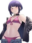  1girl animal_collar audio_jack bikini blue_pants blush boku_no_hero_academia breasts cleavage closed_mouth clothes_pull collar commentary denim embarrassed front-tie_bikini_top front-tie_top hands_in_pockets highres jacket jirou_kyouka kobaji leather leather_jacket long_earlobes looking_at_viewer navel pants pants_pull purple_bikini purple_eyes purple_hair purple_pants short_hair sidelocks simple_background small_breasts solo stomach swimsuit undressing white_background 