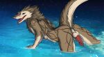  anthro balls bathing docisco gamblefur genitals green_eyes hi_res looking_at_viewer male nude open_mouth presenting raised_tail sergal solo tail tattoo water 