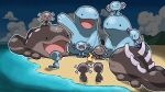  :&gt; :3 beach blacknirrow blue_skin campfire clodsire colored_skin evolutionary_line highres ocean on_head open_mouth paldean_wooper pokemon pokemon_(creature) pokemon_on_head quagsire sitting spikes water wooper 