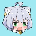  1girl :o ahoge animal_ear_fluff animal_ears bangs blue_background blush cat_ears chibi ear_piercing fang green_eyes grey_hair hair_between_eyes looking_away lowres ngetyan open_mouth original piercing portrait renge_(ngetyan) simple_background solo v-shaped_eyebrows 