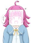  1girl ahoge bangs blue_jacket blunt_bangs blunt_ends bow bowtie commentary covering_face drawing hands_up highres holding holding_sketchbook jacket kinnikku long_sleeves love_live! love_live!_nijigasaki_high_school_idol_club meme pink_hair rina-chan_board shirt short_hair sketchbook sleeves_past_wrists solo speech_bubble tennouji_rina translation_request upper_body white_background white_shirt yellow_bow yellow_bowtie 