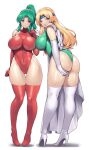  2girls :o ass asymmetrical_docking bangs blonde_hair blue_eyes blush boots breast_press celes_chere closed_mouth covered_navel elbow_gloves final_fantasy final_fantasy_vi full_body gloves green_hair green_leotard hand_on_another&#039;s_shoulder headband high_heel_boots high_heels impossible_clothes impossible_leotard leaning_forward leotard long_hair multiple_girls nagase_haruhito open_mouth parted_bangs ponytail red_footwear red_gloves red_leotard short_hair simple_background single_thighhigh standing thigh_boots thighhighs tina_branford very_long_hair white_background white_footwear white_gloves 