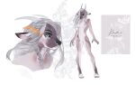  absurd_res anthro black_sclera blue_eyes brown_body ears_back eyelashes featureless_crotch female floral_background front_view grey_hair grey_horn hair hi_res horn long_hair model_sheet mouth_closed nude pivoted_ears solo standing unknowhiter wavy_hair white_body 