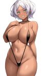  1girl absurdres aqua_eyes bangs bare_shoulders black_one-piece_swimsuit blush breasts choker cleavage collarbone commentary cowboy_shot dark-skinned_female dark_skin doyagao grey_hair grin groin gundam gundam_suisei_no_majo hand_up highres jasony large_breasts linea_alba looking_at_viewer navel one-piece_swimsuit paid_reward_available parted_bangs raised_eyebrow secelia_dote short_hair simple_background slingshot_swimsuit smile smug solo swimsuit thick_thighs thighs 