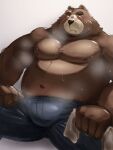  2023 anthro aranull bear belly big_belly blush bodily_fluids bottomwear brown_body bulge clothing hi_res humanoid_hands kemono male mammal musclegut musk nipples overweight overweight_male pants sitting solo sweat 