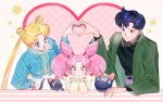  bangs belt bishoujo_senshi_sailor_moon black_hair black_shirt blonde_hair blue_eyes cat chiba_mamoru chibi_usa cone_hair_bun denim denim_jacket double_bun green_jacket green_shirt grey_pants hair_bun heart heart_hands heart_hands_duo highres jacket long_hair luna-p luna_(sailor_moon) p_m_ame pants parted_bangs pink_hair red_eyes shirt short_hair short_twintails skirt smile sweater tsukino_usagi turtleneck twintails very_long_hair white_skirt white_sweater 