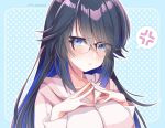  1girl :t anger_vein bangs black_hair blue_eyes blue_hair blush breasts colored_inner_hair frown glasses hood hoodie kson large_breasts long_hair looking_at_viewer multicolored_hair n_gyou own_hands_together solo speech_bubble spoken_anger_vein streaked_hair virtual_youtuber vshojo 