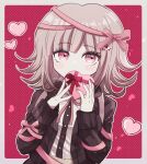  1girl bangs box breasts danganronpa_(series) danganronpa_2:_goodbye_despair dress_shirt flipped_hair galaga hair_ornament heart heart-shaped_box holding holding_box hood jacket long_sleeves looking_at_viewer medium_hair mikao_(eanv5385) nanami_chiaki neck_ribbon pink_eyes pink_ribbon ribbon shirt skirt solo white_shirt 