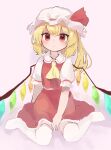  1girl :c ameshi_(rzuw4482) arm_support ascot bangs between_legs blonde_hair blush closed_mouth crystal dot_nose expressionless flandre_scarlet frilled_sleeves frills full_body hand_between_legs hat highres long_hair looking_at_viewer mob_cap no_shoes one_side_up pink_background puffy_short_sleeves puffy_sleeves red_eyes red_skirt red_vest short_sleeves sitting skirt skirt_set solo straight-on thighhighs touhou vest wariza white_headwear white_thighhighs wings yellow_ascot zettai_ryouiki 