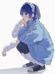  1girl absurdres arm_on_knee arm_warmers asymmetrical_sidelocks bangs black_pantyhose blue_hair blue_jacket blunt_bangs bocchi_the_rock! closed_mouth frilled_hairband frills from_side full_body hairband half-closed_eyes hand_up high_collar highres jacket leg_warmers light_blush looking_ahead maid_headdress mole mole_under_eye nenehotoso oversized_clothes pantyhose shadow shoes short_hair short_sleeves sidelighting sneakers solo squatting track_jacket white_background yamada_ryou yellow_eyes 