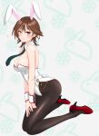  1girl alternate_costume animal_ears bare_shoulders blue_eyes blush breasts brown_hair detached_collar fake_animal_ears green_necktie hands_on_another&#039;s_waist hiei_(kancolle) high_heels highres kantai_collection kneeling large_breasts leotard looking_at_viewer medium_breasts necktie nitamako_(sakamalh) pantyhose playboy_bunny rabbit_ears rabbit_tail red_footwear short_hair smile solo tail white_background wrist_cuffs 