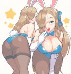  1girl animal_ears ass asuna_(blue_archive) asuna_(bunny)_(blue_archive) blue_archive blue_eyes bow bowtie breasts cleavage detached_collar elbow_gloves gloves hair_over_one_eye inkerton-kun large_breasts long_hair mole mole_on_breast pantyhose playboy_bunny rabbit_ears white_background white_gloves 
