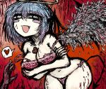  1boy 1girl :d angel angel_wings arms_under_breasts bangs bare_shoulders bent_over between_breasts black_souls blood blood_on_clothes blood_on_face blood_splatter blue_eyes blue_hair blush blush_stickers bra breast_hold breasts bright_pupils candy chocolate chocolate_on_body chocolate_on_breasts cleavage collarbone cowboy_shot crossed_arms demon_girl demon_tail demon_wings dripping fake_halo fang feathered_wings feathers food food_on_body frilled_bra frills guro hair_between_eyes halo hatching_(texture) heart heart-shaped_chocolate heart-shaped_pupils large_breasts leaning_forward lingerie lingeriena_(black_souls) looking_at_viewer multiple_wings navel open_mouth panties pink_bra pink_panties red_background short_hair side-tie_panties sketch smile solo solo_focus spoken_heart strap_slip sushi_yuusha_toro symbol-shaped_pupils tail thighs underwear underwear_only valentine wings yandere 