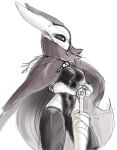  2018 animal_humanoid anthro arachnid arthropod arthropod_humanoid athletic athletic_female big_breasts black_sclera breasts camel_toe cape clothing female hi_res hollow_knight hornet_(hollow_knight) humanoid legwear leotard navel nipple_outline non-mammal_breasts non-mammal_navel proxicute pupils serious_face sketch solo spider team_cherry thick_thighs thigh_highs weapon white_body white_pupils white_skin 