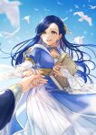  1girl :d absurdres bangs bird blue_dress blue_hair blue_sky blurry blurry_foreground bridal_gauntlets colored_inner_hair day dress floating_hair flower grey_hair hair_flower hair_ornament highres holding holding_hands honzuki_no_gekokujou jewelry long_hair maine_(honzuki_no_gekokujou) multicolored_hair open_mouth outdoors ring san+ sky smile solo_focus two-tone_dress very_long_hair white_dress yellow_eyes yellow_flower 