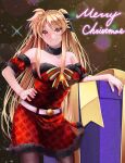  1girl belt black_bow black_choker blonde_hair blush bow box breasts choker cleavage collarbone contrapposto cowboy_shot detached_sleeves dress fate_testarossa floating_hair fur-trimmed_dress fur_trim gift gift_box grin hair_bow hand_on_hip highres large_breasts long_hair looking_at_viewer lyrical_nanoha mahou_shoujo_lyrical_nanoha_strikers merry_christmas red_dress red_eyes red_sleeves short_dress short_sleeves smile solo sougetsu_izuki standing strapless strapless_dress very_long_hair white_belt 