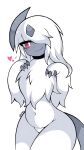  absol anthro belly blush choker claws female fluffy generation_3_pokemon hair hair_over_eye hi_res jewelry koivyx looking_at_viewer necklace nintendo nude one_eye_obstructed pokemon pokemon_(species) red_eyes slightly_chubby smile smiling_at_viewer solo squish standing tail thick_thighs white_body 